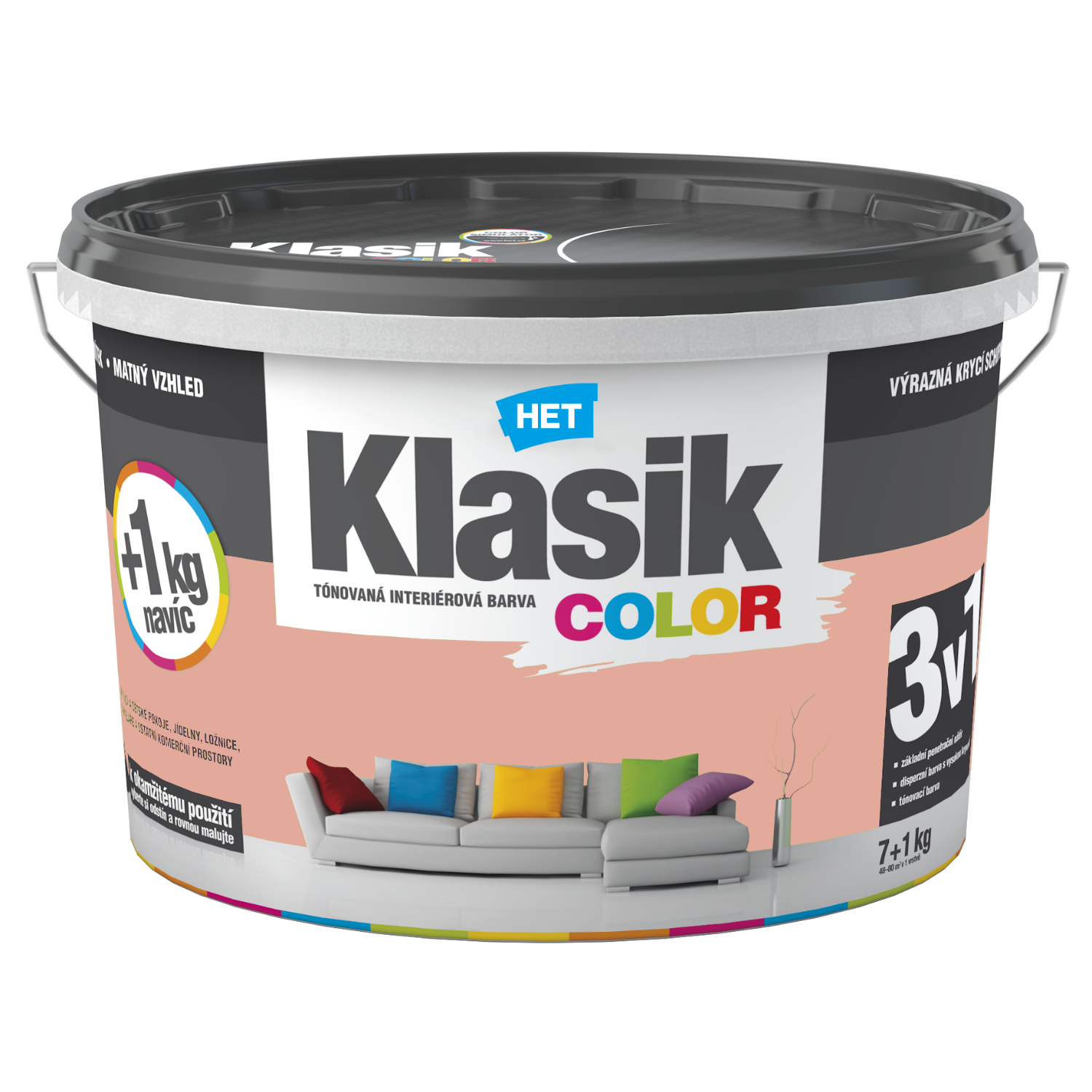 HET Klasik COLOR pastelová interiérová akrylátová otěruvzdorná barva na zeď 7 kg + 1 kg zdarma, KC0828 - lososový