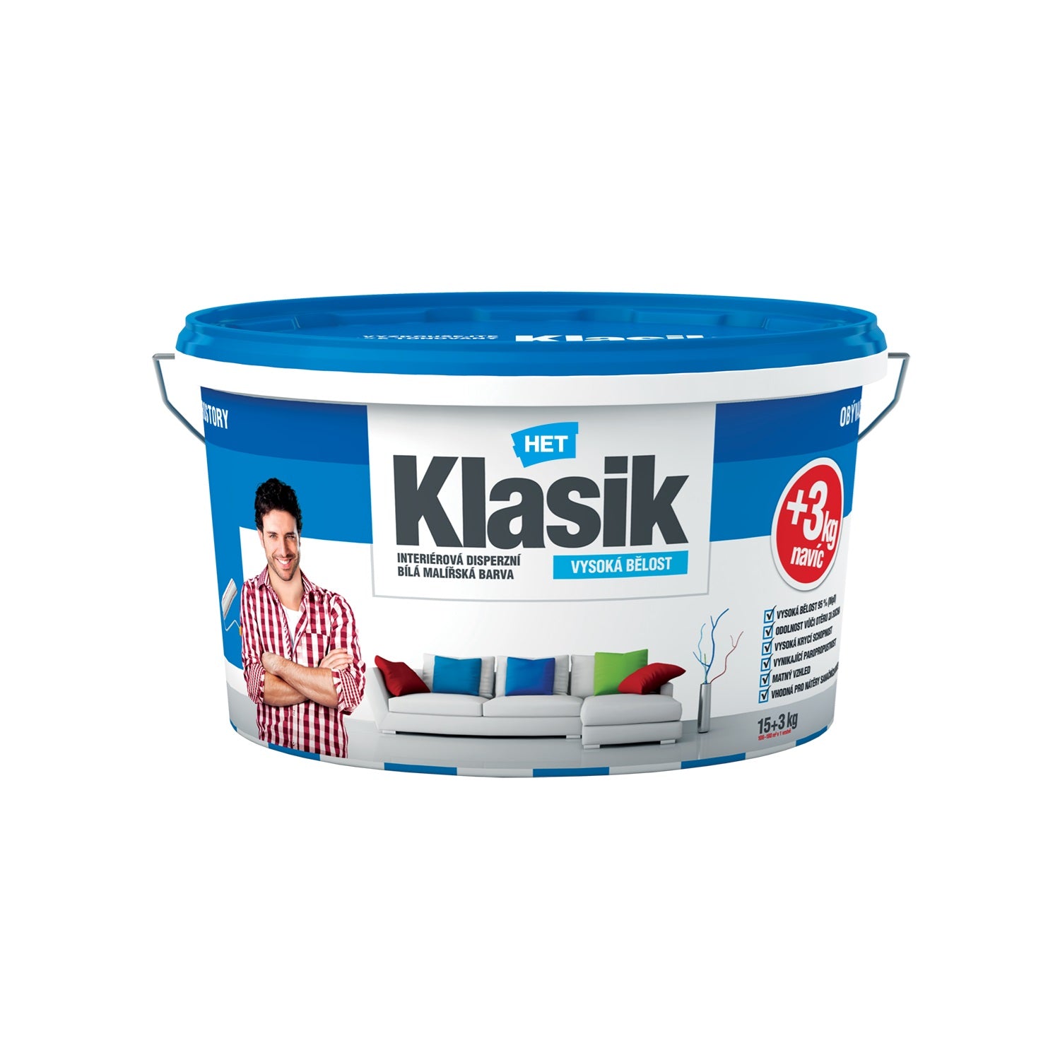 HET Klasik bílá malířská akrylátová barva na zeď 15 + 3 kg zdarma