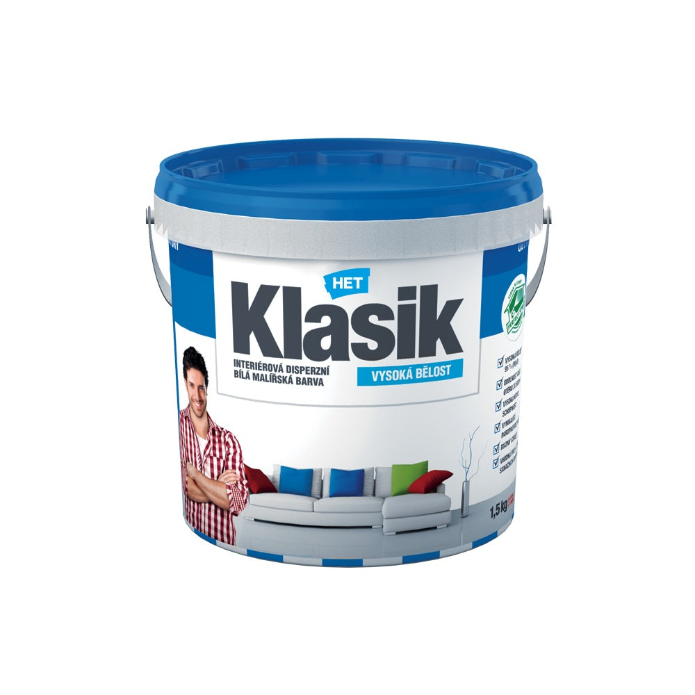 HET Klasik bílá malířská akrylátová barva na zeď 1,5 kg