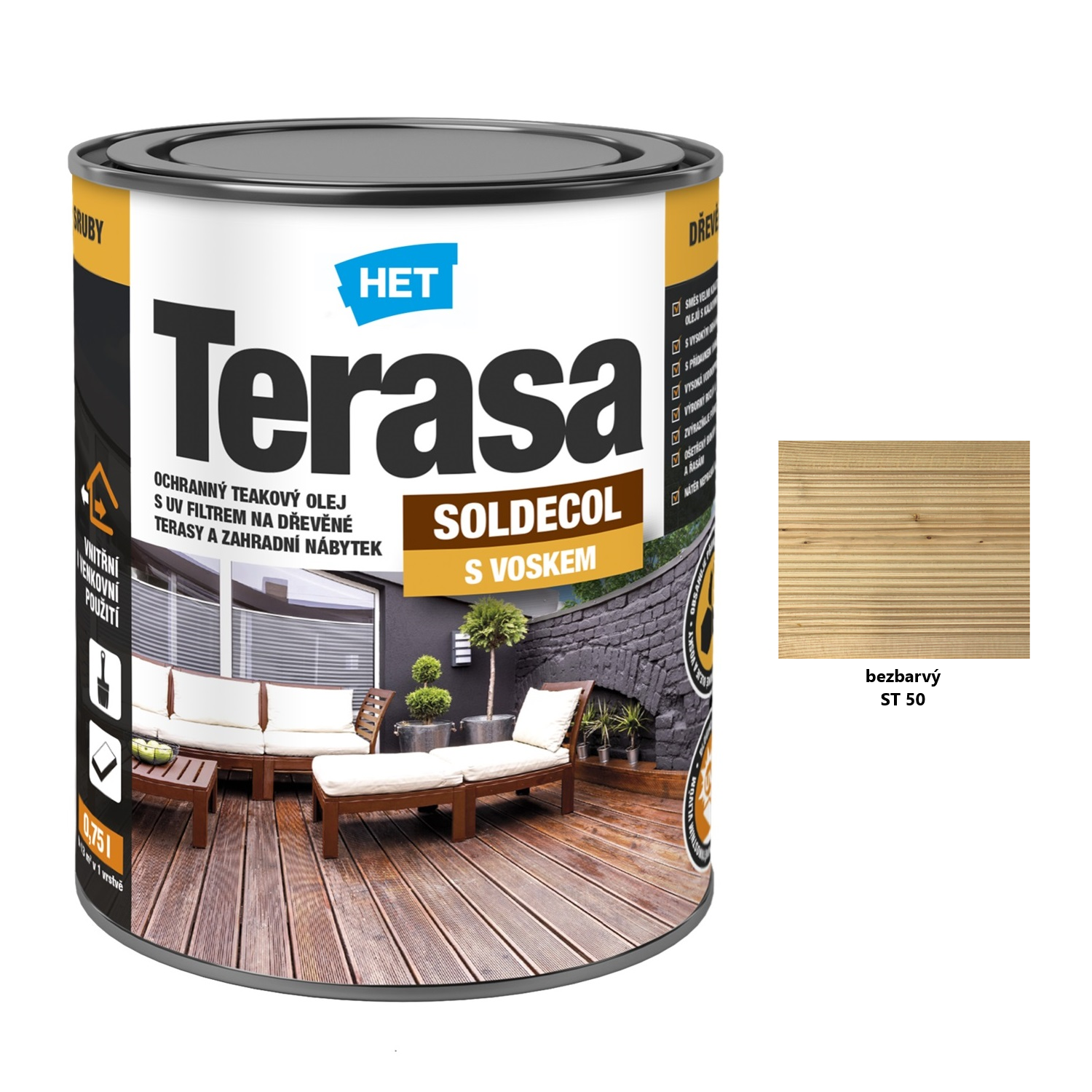 HET SOLDECOL Terasa ochranný voskový olej na dřevěné terasy a zahradní nábytek - bezbarvý