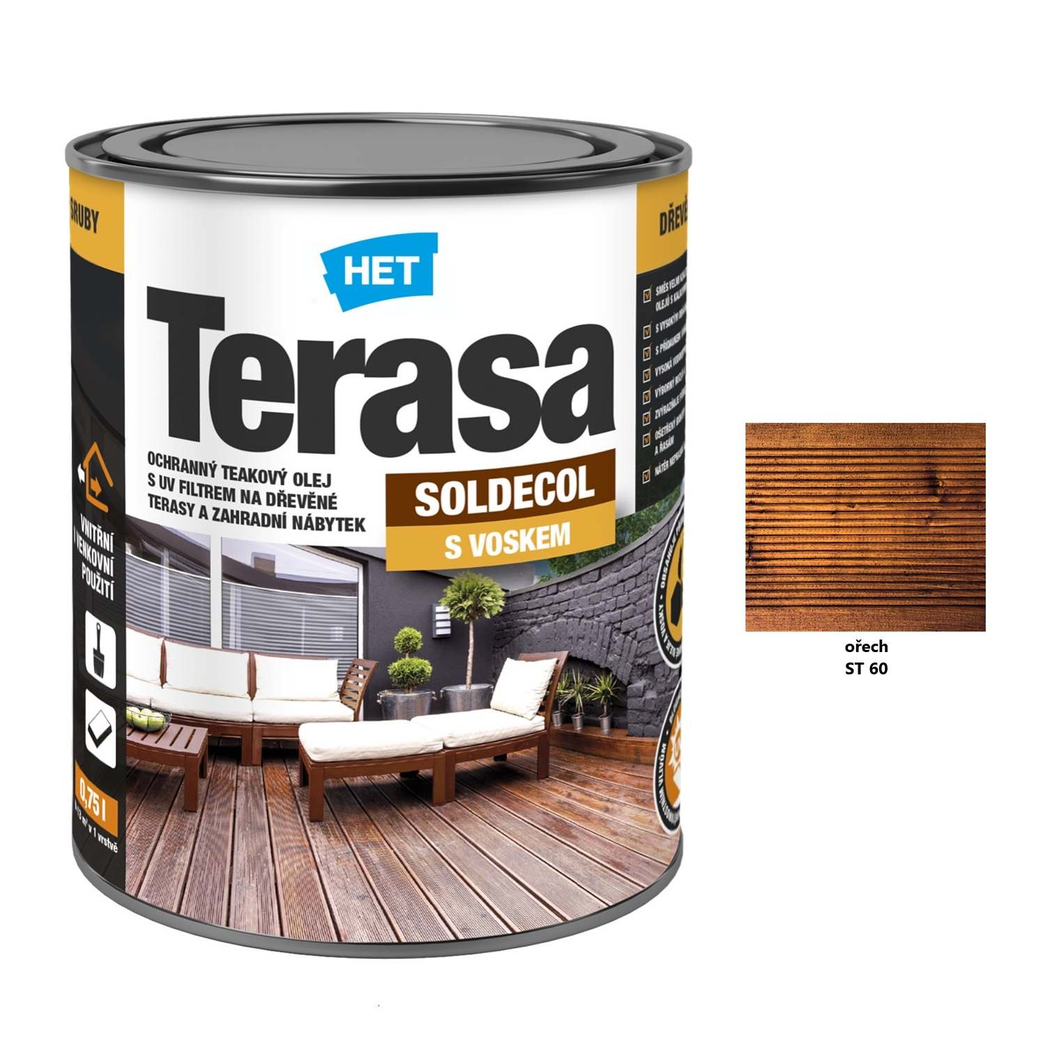 HET SOLDECOL Terasa ochranný voskový olej na dřevěné terasy a zahradní nábytek - ořech