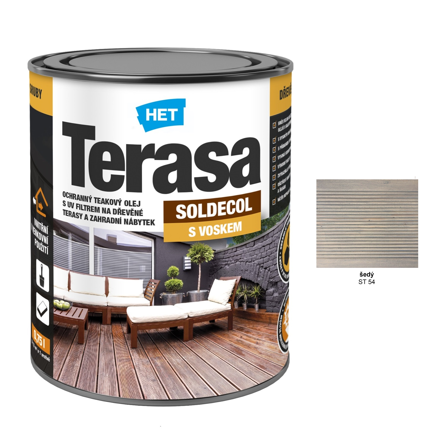HET SOLDECOL Terasa ochranný voskový olej na dřevěné terasy a zahradní nábytek - šedý
