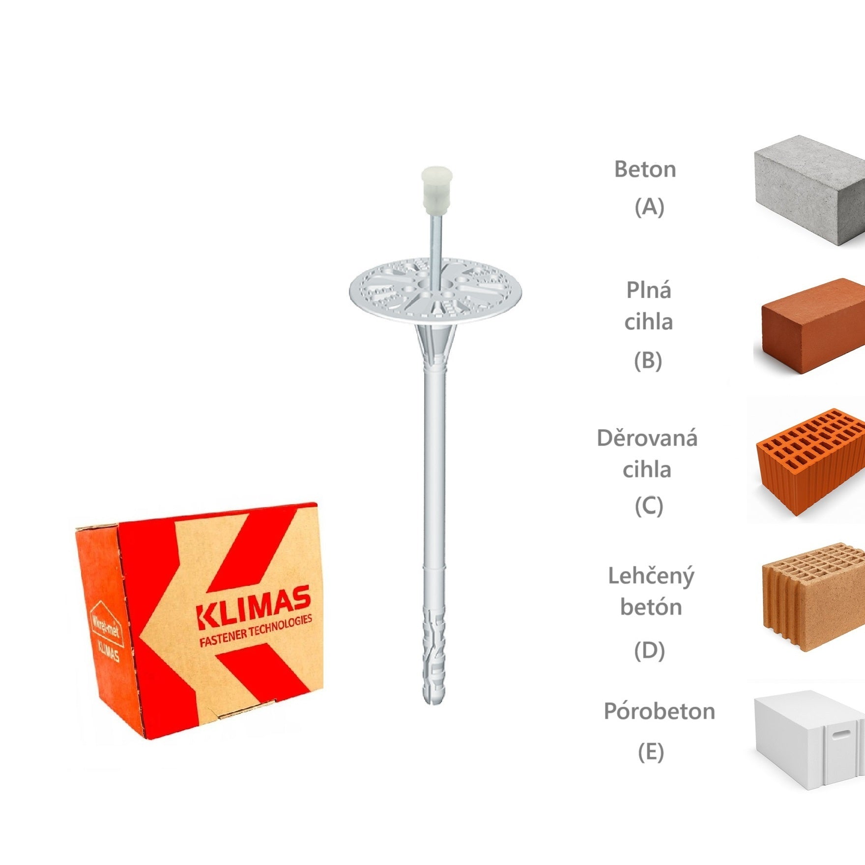 KLIMAS Wkret-met LFMG-10 Talířová hmoždinka s kovovým trnem a prodlouženou expanzní zónou Ø10 mm_materialy