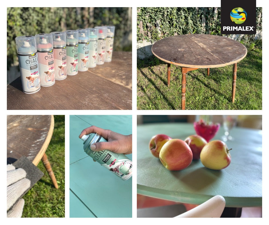 PRIMALEX CHALK EFFECT křídová matná barva ve spreji 400 ml_aplikace před a po