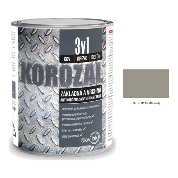 Slovlak KOROZAL 3v1 antikorozní syntetická barva na kov základ a email v jednom - RAL 7001 Světle šedý