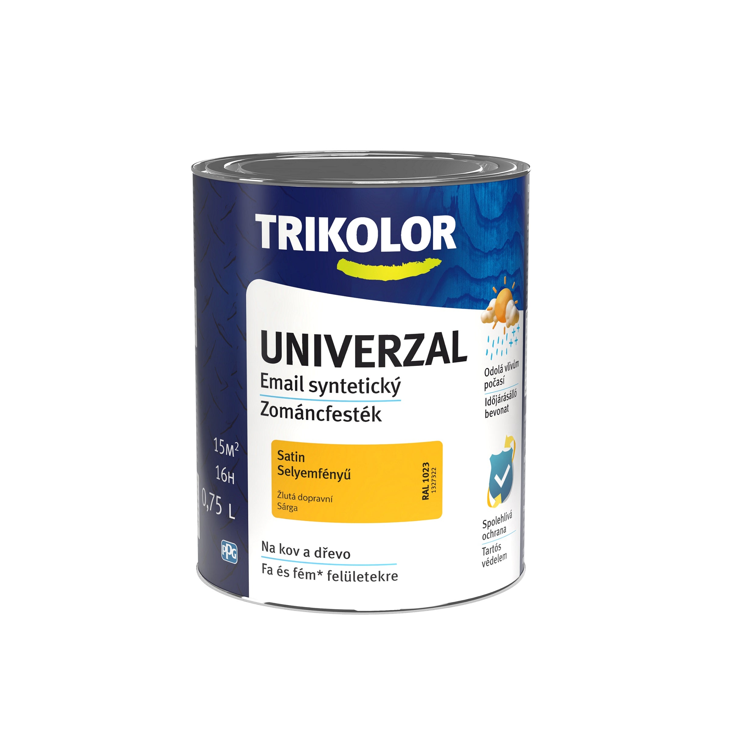 TRIKOLOR UNIVERZAL Email syntetická univerzální barva na kov a dřevo žlutá dopravní 0,75 l