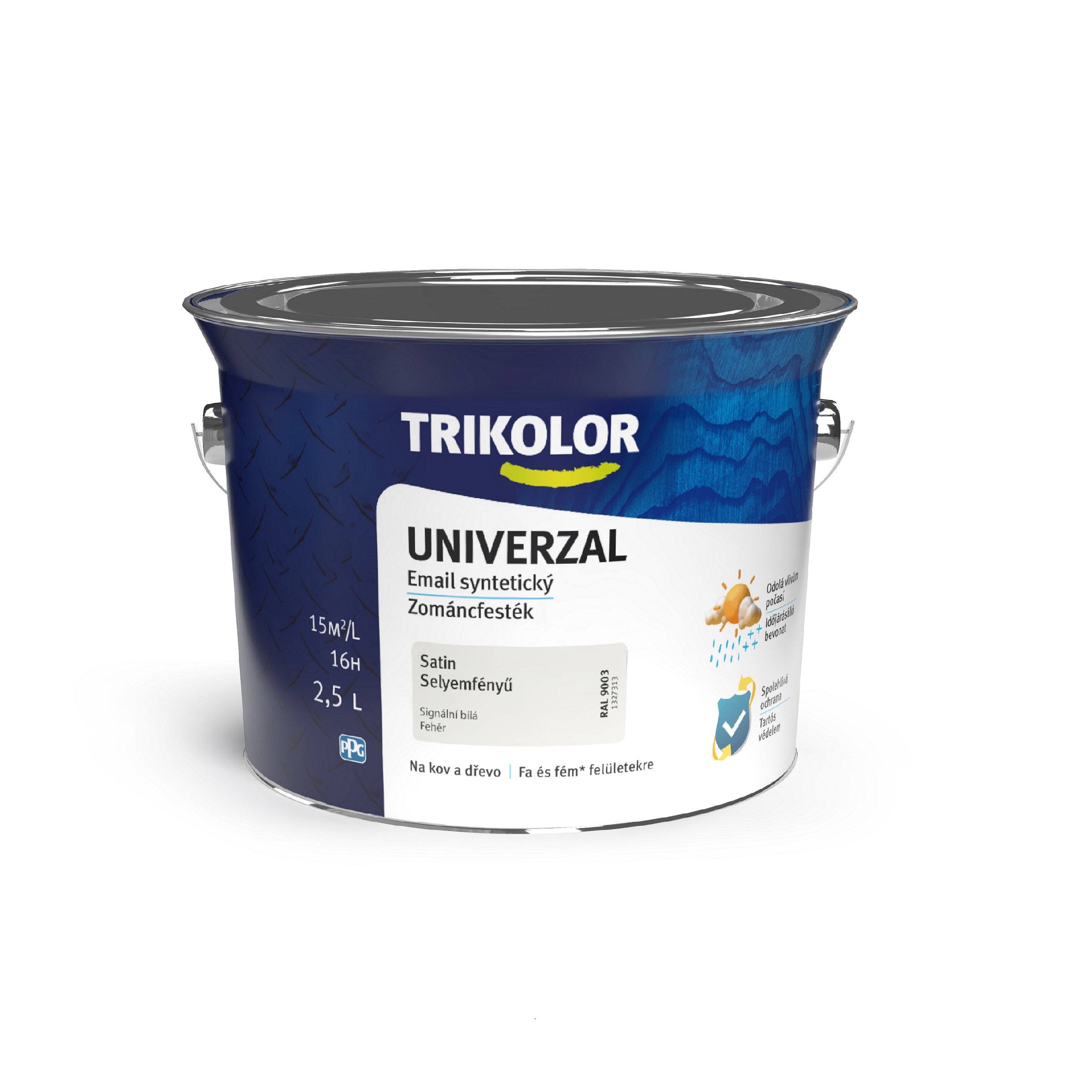 TRIKOLOR UNIVERZAL Email syntetická univerzální barva na kov a dřevo signální bílá 2,5 l