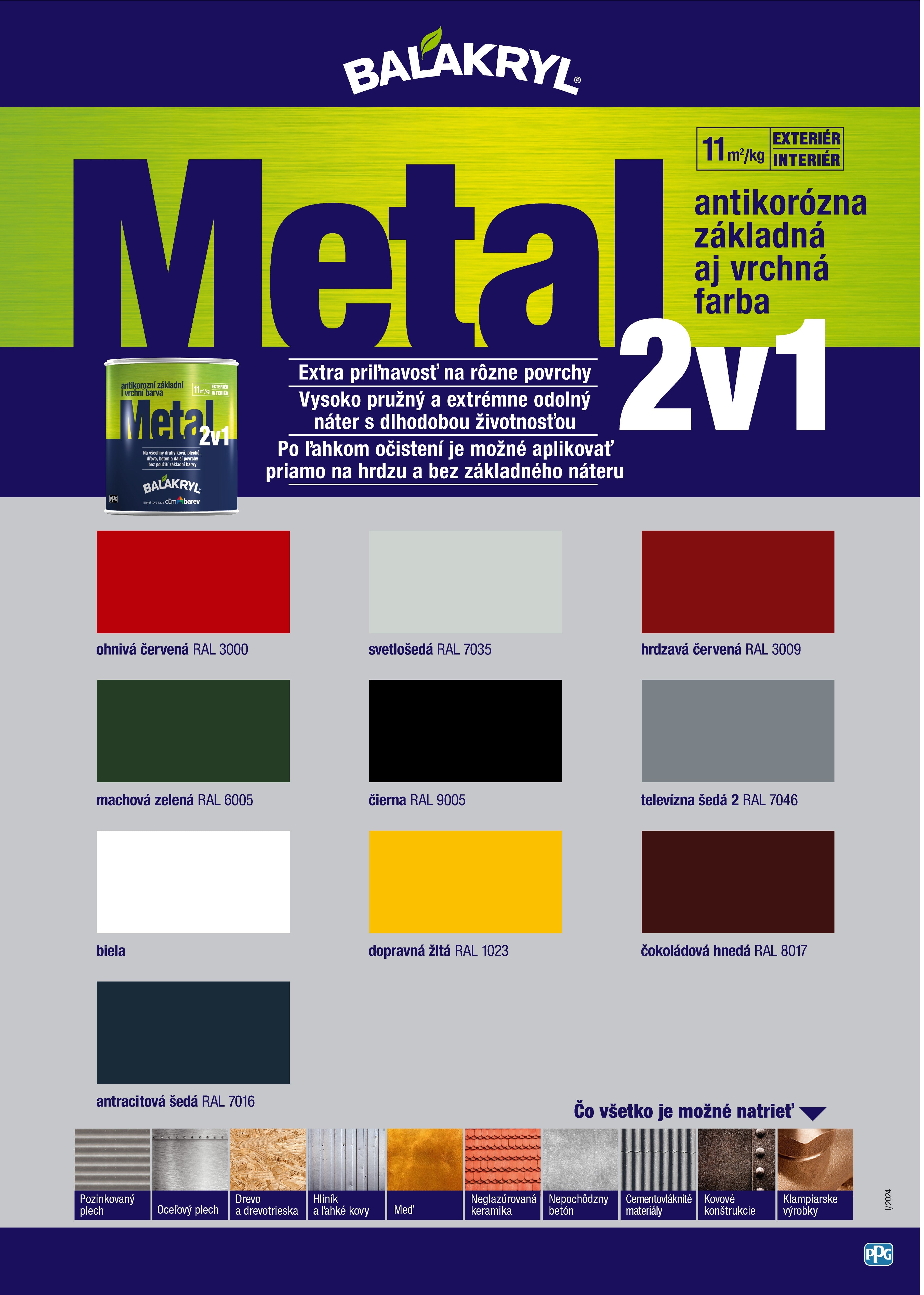 BALAKRYL METAL 2v1 akrylátová antikorozní základní a vrchní barva na kov vodou ředitelná vzorník