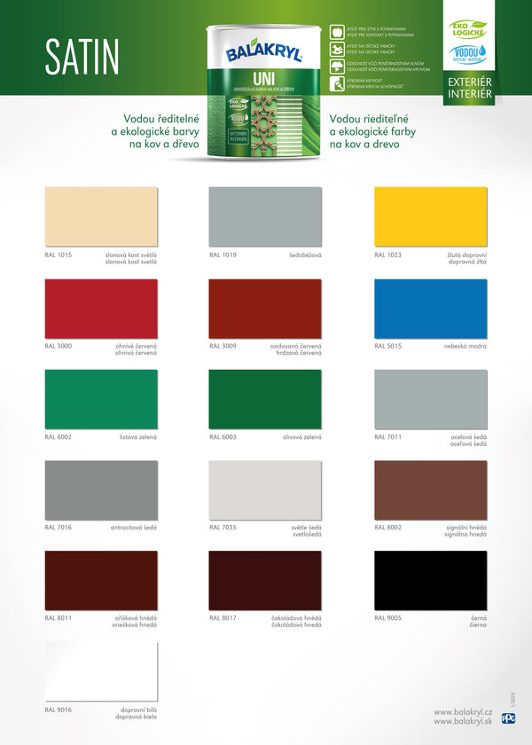 BALAKRYL UNI SATIN vodou ředitelná rychleschnoucí univerzální barva na kov a dřevo vzorník