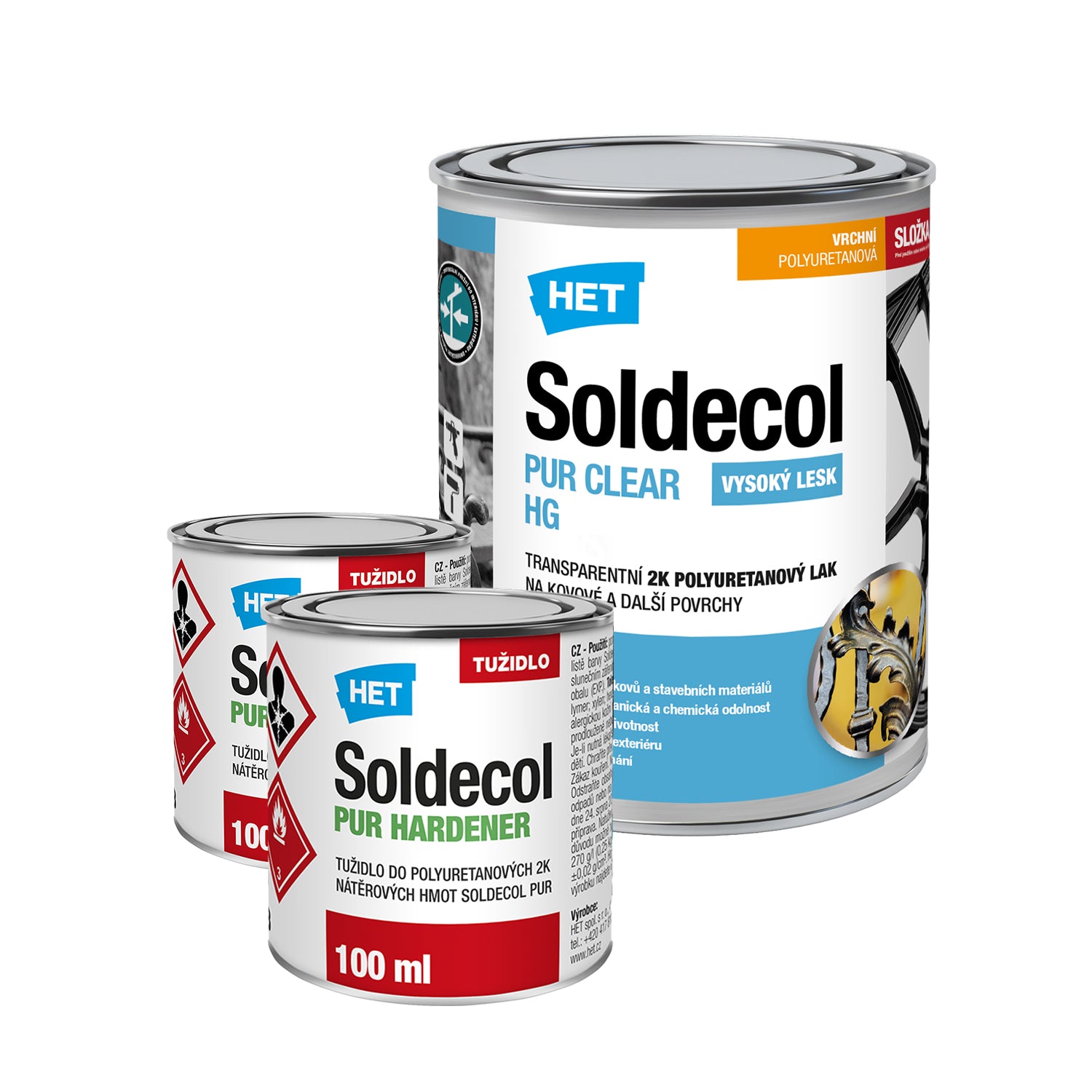 HET Soldecol PUR CLEAR HG transparentní 2K polyuretanový lesklý lak na kovové a nekovové povrchy - 0.7 l (0.5 l lak + 2 x 0.1 l tužidlo)