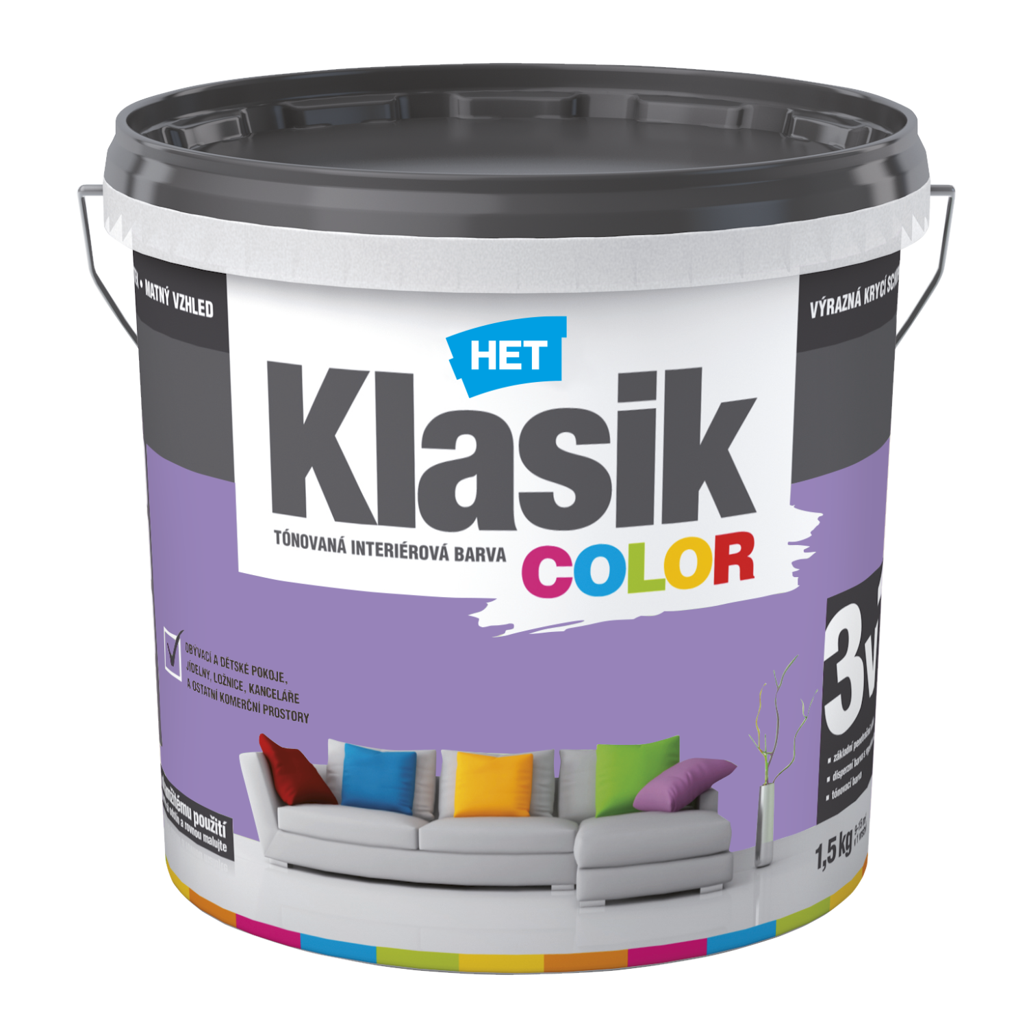 HET Klasik COLOR tónovaná interiérová akrylátová disperzní otěruvzdorná barva 1,5 kg, KC0327 - fialový lila