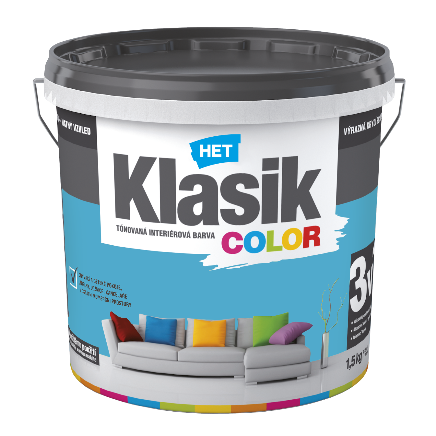 HET Klasik COLOR tónovaná interiérová akrylátová disperzní otěruvzdorná barva 1,5 kg, KC0417 - modrý azurový