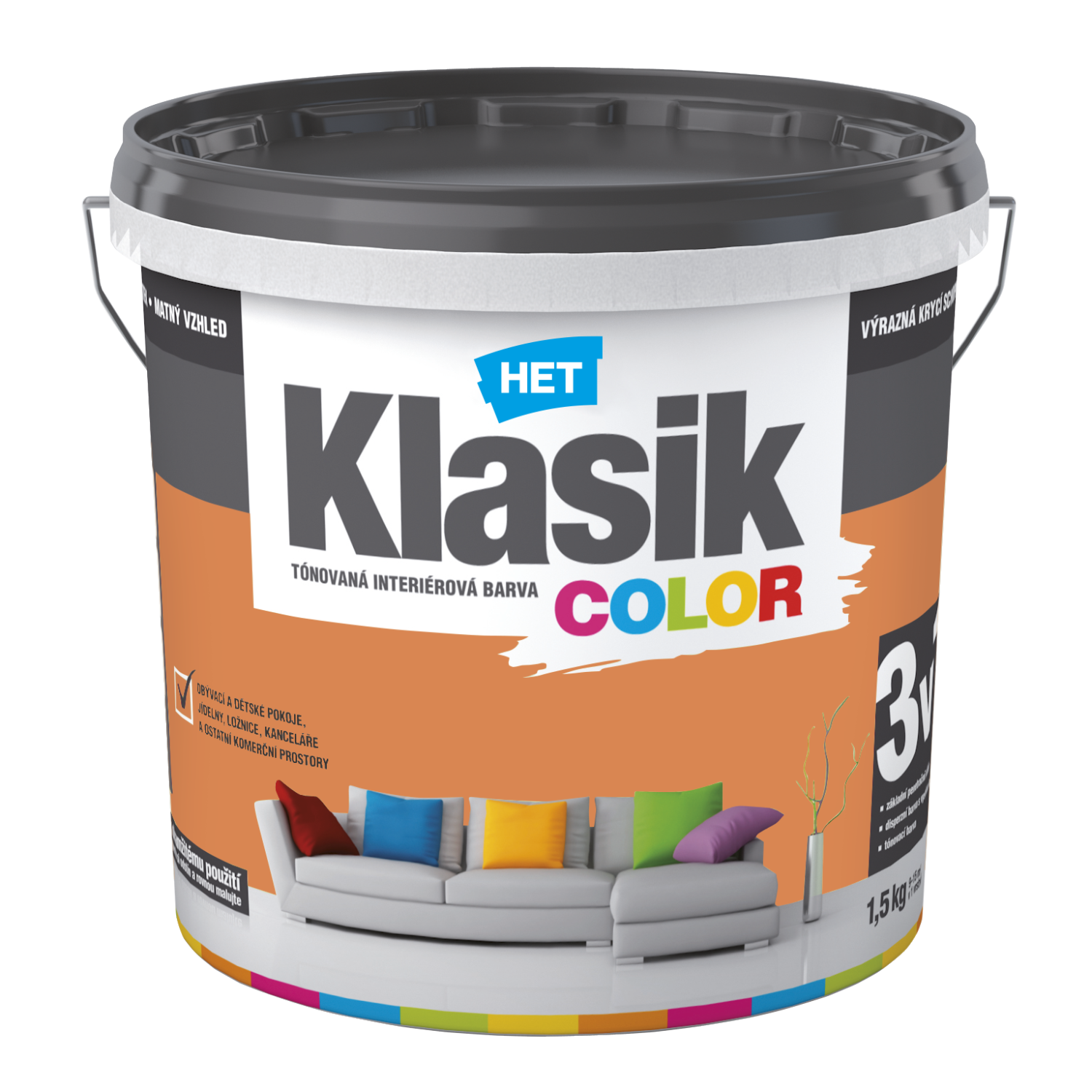 HET Klasik COLOR tónovaná interiérová akrylátová disperzní otěruvzdorná barva 1,5 kg, KC0747 - oranžový pomerančový