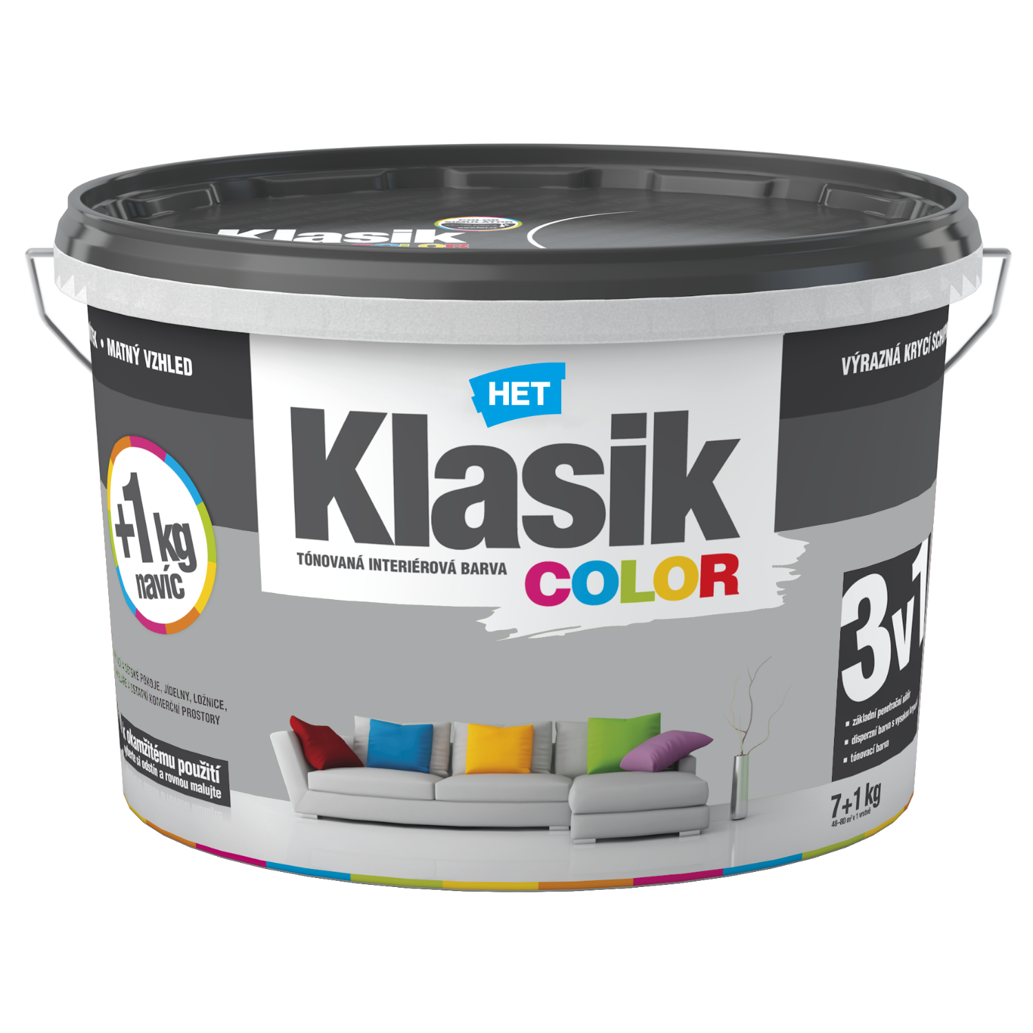 HET Klasik COLOR tónovaná interiérová akrylátová disperzní otěruvzdorná barva 7 kg + 1 kg zdarma, KC0117 - šedý platinový