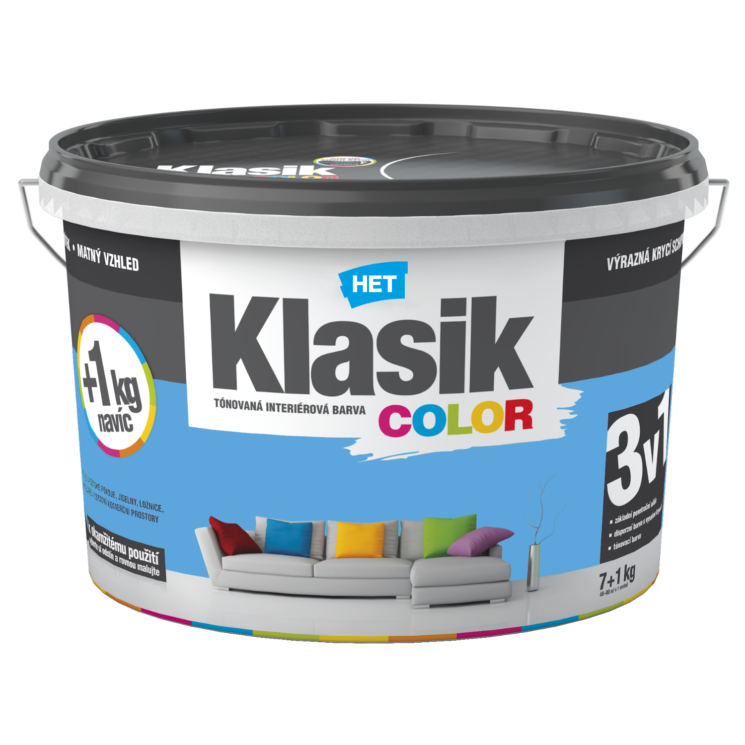 HET Klasik COLOR tónovaná interiérová akrylátová disperzní otěruvzdorná barva 7 kg + 1 kg zdarma, KC0407 - modrý blankytný