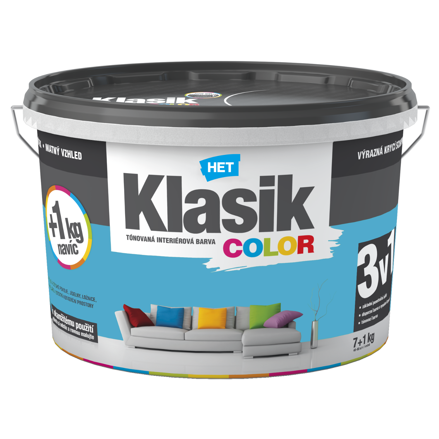 HET Klasik COLOR tónovaná interiérová akrylátová disperzní otěruvzdorná barva 7 kg + 1 kg zdarma, KC0417 - modrý azurový