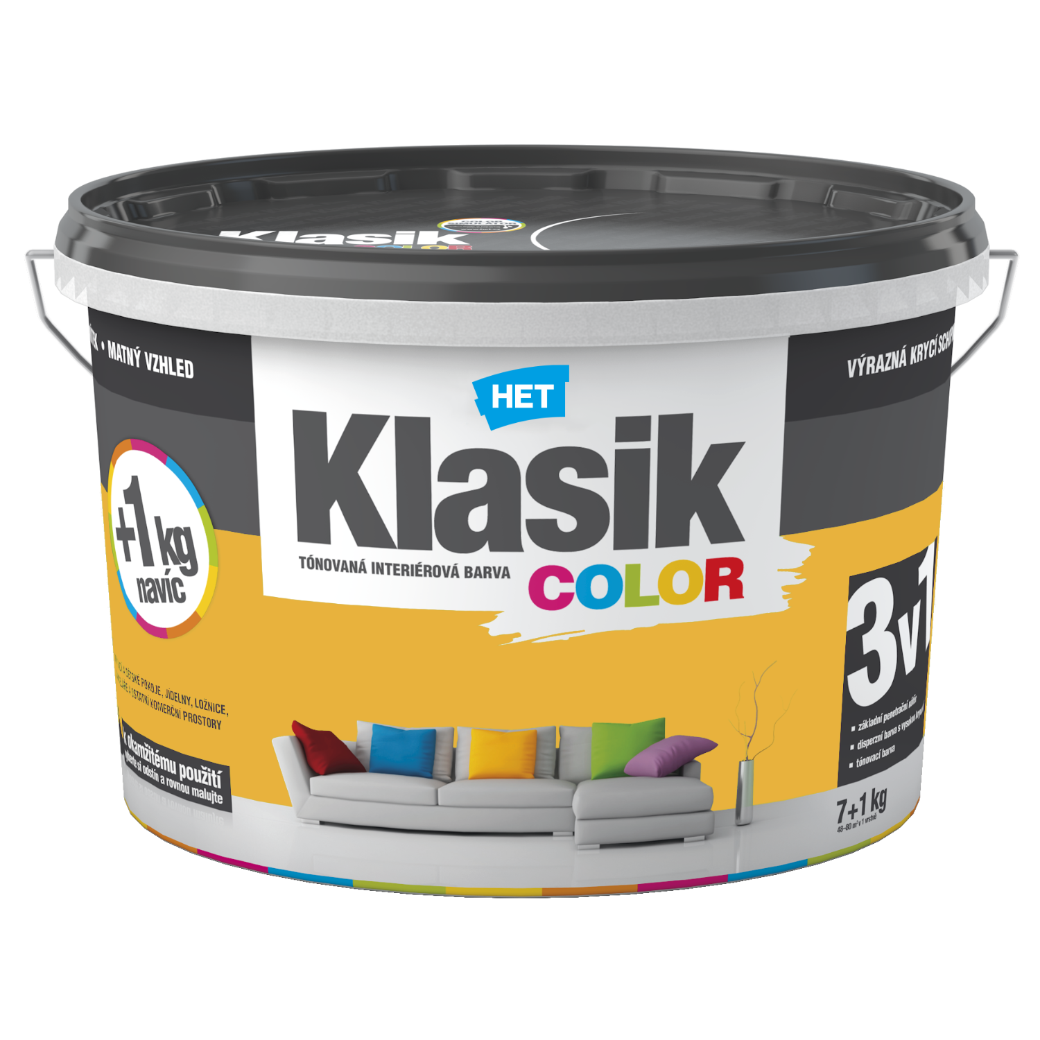 HET Klasik COLOR tónovaná interiérová akrylátová disperzní otěruvzdorná barva 7 kg + 1 kg zdarma, KC0618 - žlutý citronový
