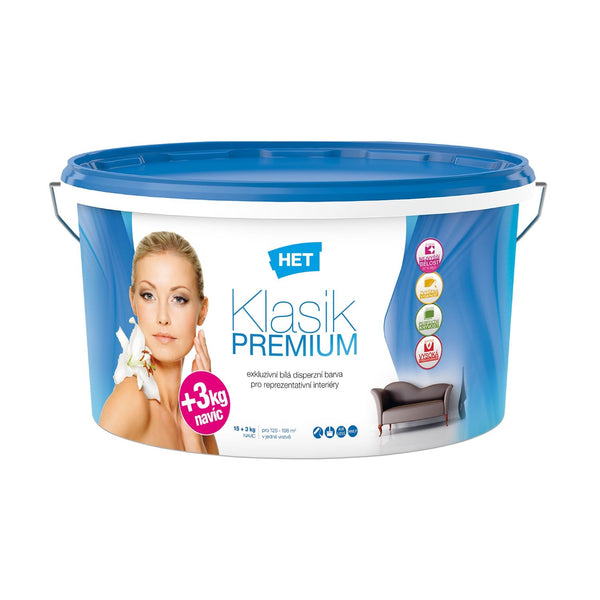HET Klasik PREMIUM bílá interiérová malířská akrylátová barva na zeď 15 kg + 3 kg zdarma