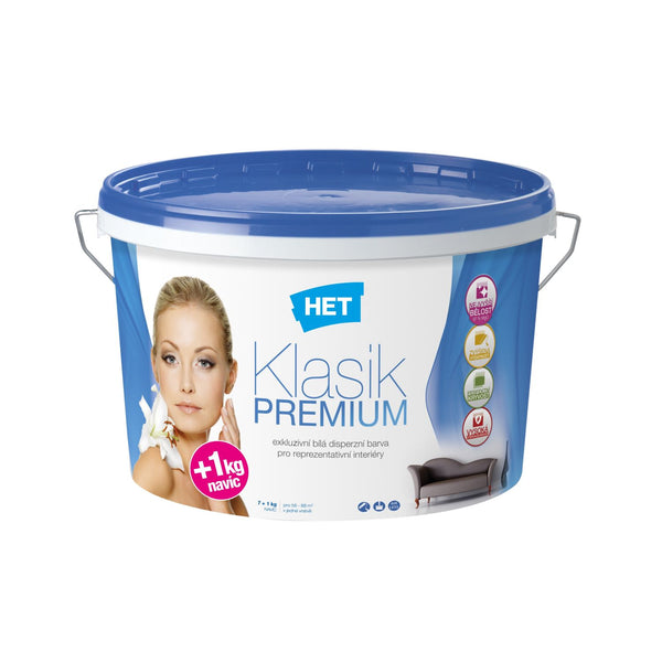 HET Klasik PREMIUM bílá interiérová malířská akrylátová barva na zeď 7 kg + 1 kg zdarma