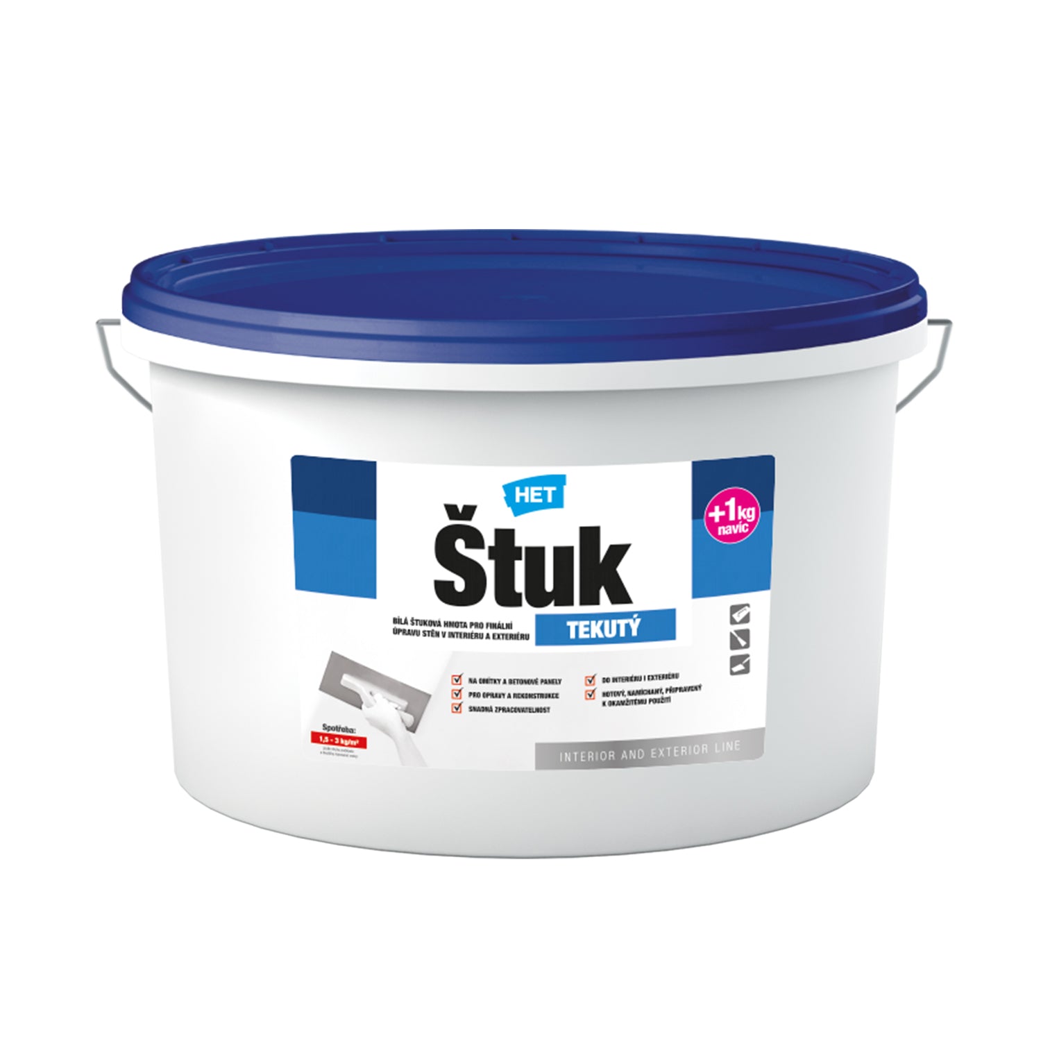 HET ŠTUK TEKUTÝ bílá štuková hmota pro finální úpravu stěn v interiéru a exteriéru  14 kg + 1 kg zdarma