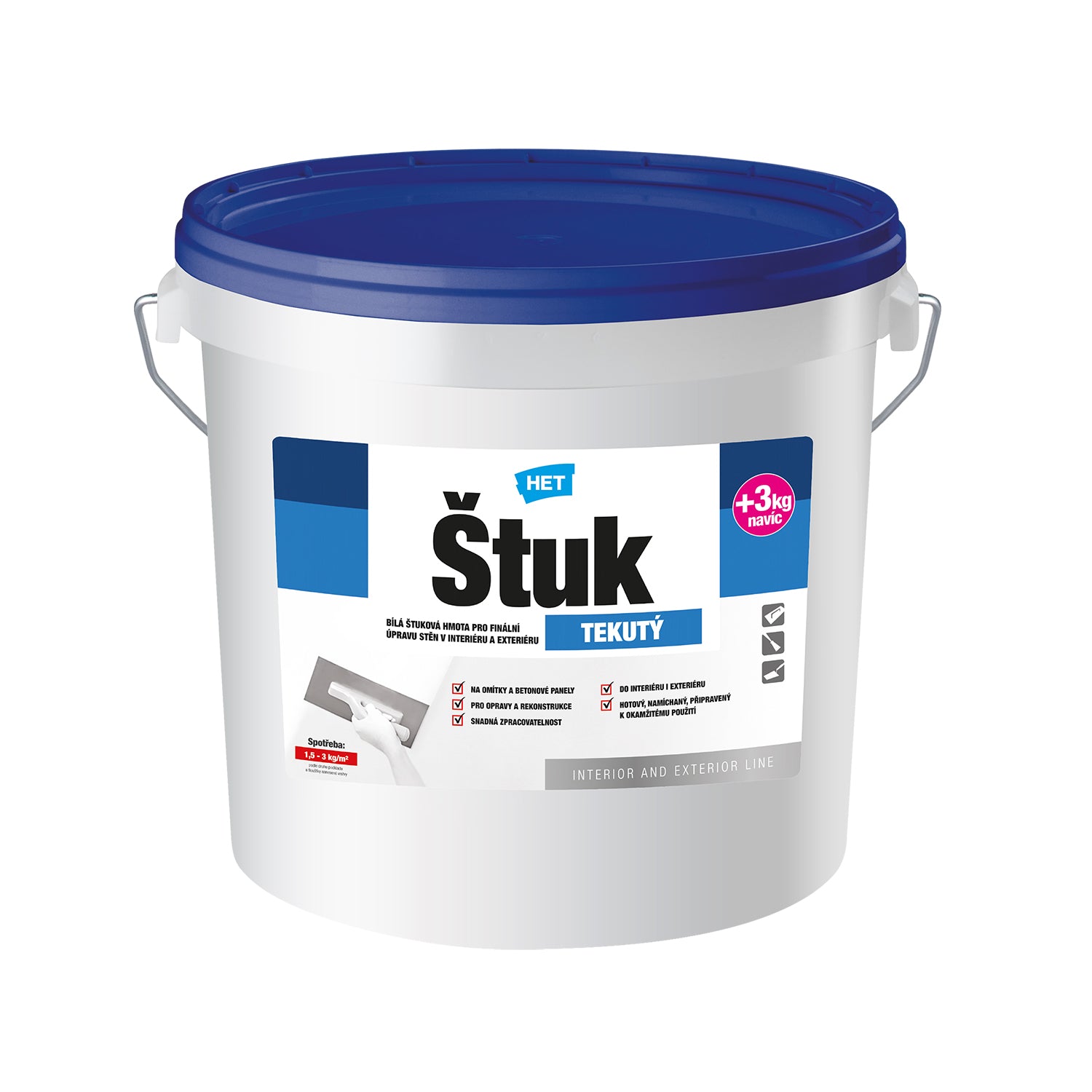 HET ŠTUK TEKUTÝ bílá štuková hmota pro finální úpravu stěn v interiéru a exteriéru  14 kg + 1 kg zdarma