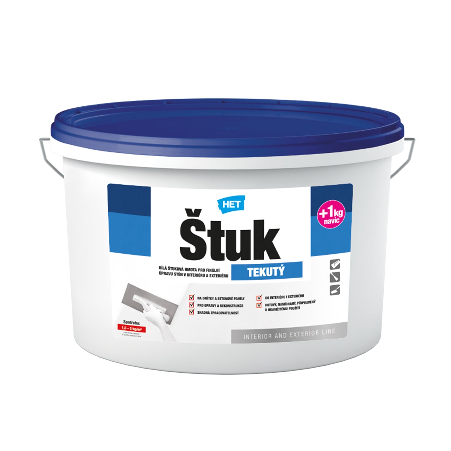 HET ŠTUK TEKUTÝ bílá štuková hmota pro finální úpravu stěn v interiéru a exteriéru 7 kg + 1 kg zdarma