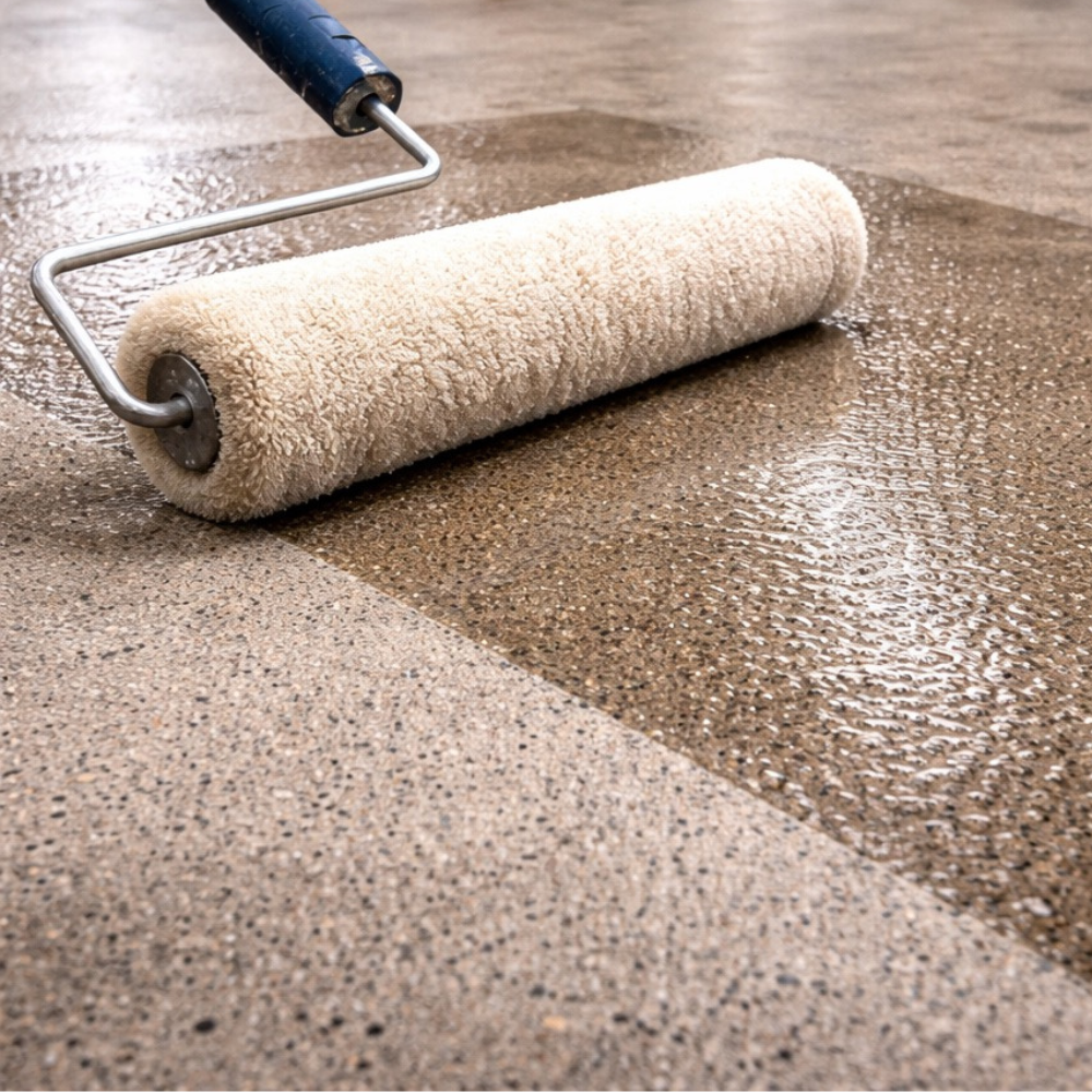 NOVOCHEMA SYNPUR lak polyuretanový dvousložkový lesklý lak na kámen a beton - aplikace válečkem na betonovou podlahu