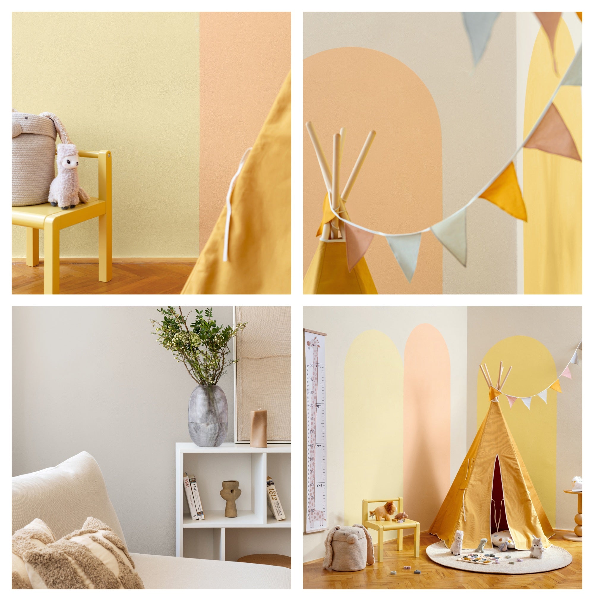 PRIMALEX ceramic – inspirace barvou zdi: žlutý dětský pokoj s teepee stanem