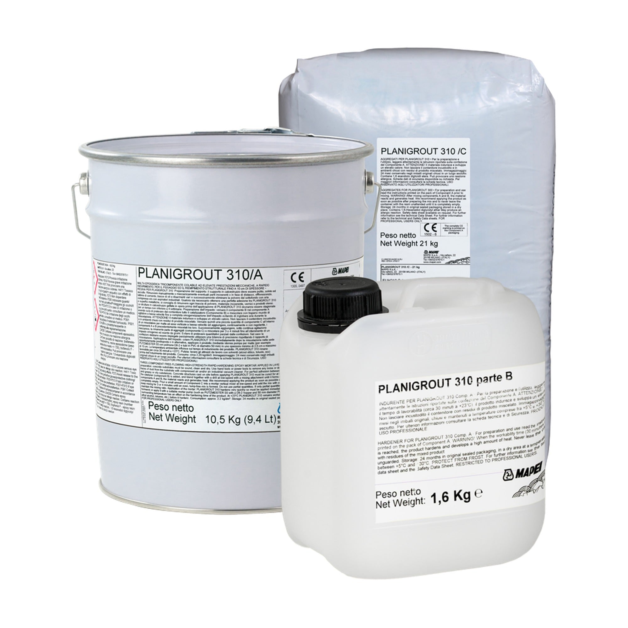 MAPEI Planigrout 310 třísložková epoxidová malta pro kotvení a konstrukční výplň 96.1 kg (složka A 10.5 kg + složka B 1.6 kg + 4x složka C 21 kg)